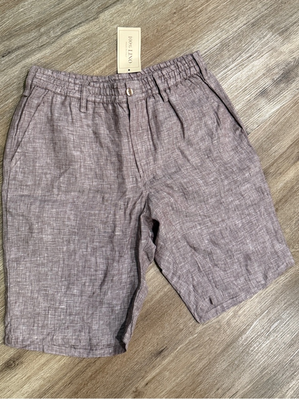 Linen Made in Italy Elastic Waist Bermuda  Shorts in Brown - Unbranded